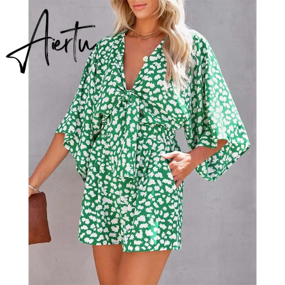 Leopard Print Bowknot Wide Leg Romper Overalls Casual Loose Summer V Neck Playsuits Short Jumpsuits Pockets Aiertu