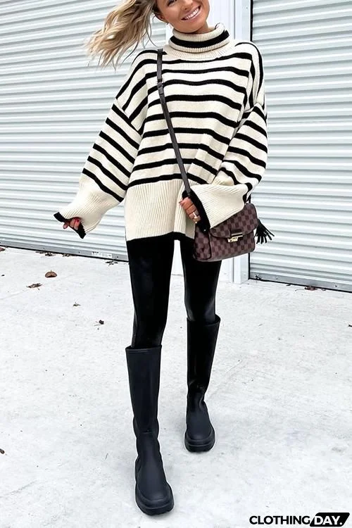 Stripe High Collar Flares Sleeve Sweater