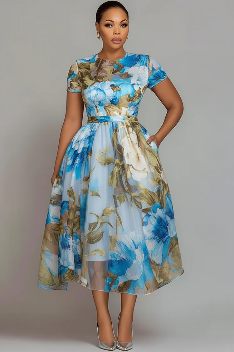 Xpluswear Design Plus Size Wedding Guest Pink Floral Round Neck Short Sleeve Pocket See Through Chiffon Midi Dresses 2024 - Xpluswear