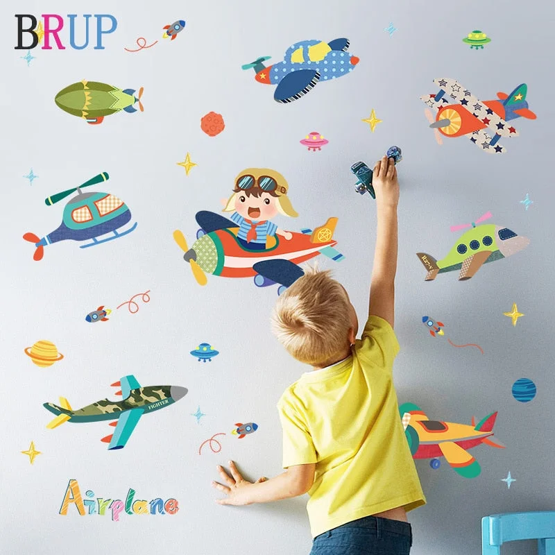 Cartoon Airplane Wall Sticker for Kids Room Home Decoration Wall Decals Self-adhensive Wall Stickers Murals Poster Nursery Room