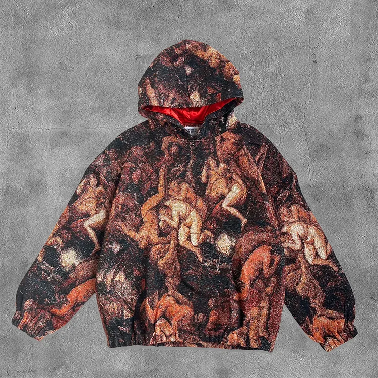Retro Damnation Graphic Print Casual Street Tapestry Knit Hooded Sweater