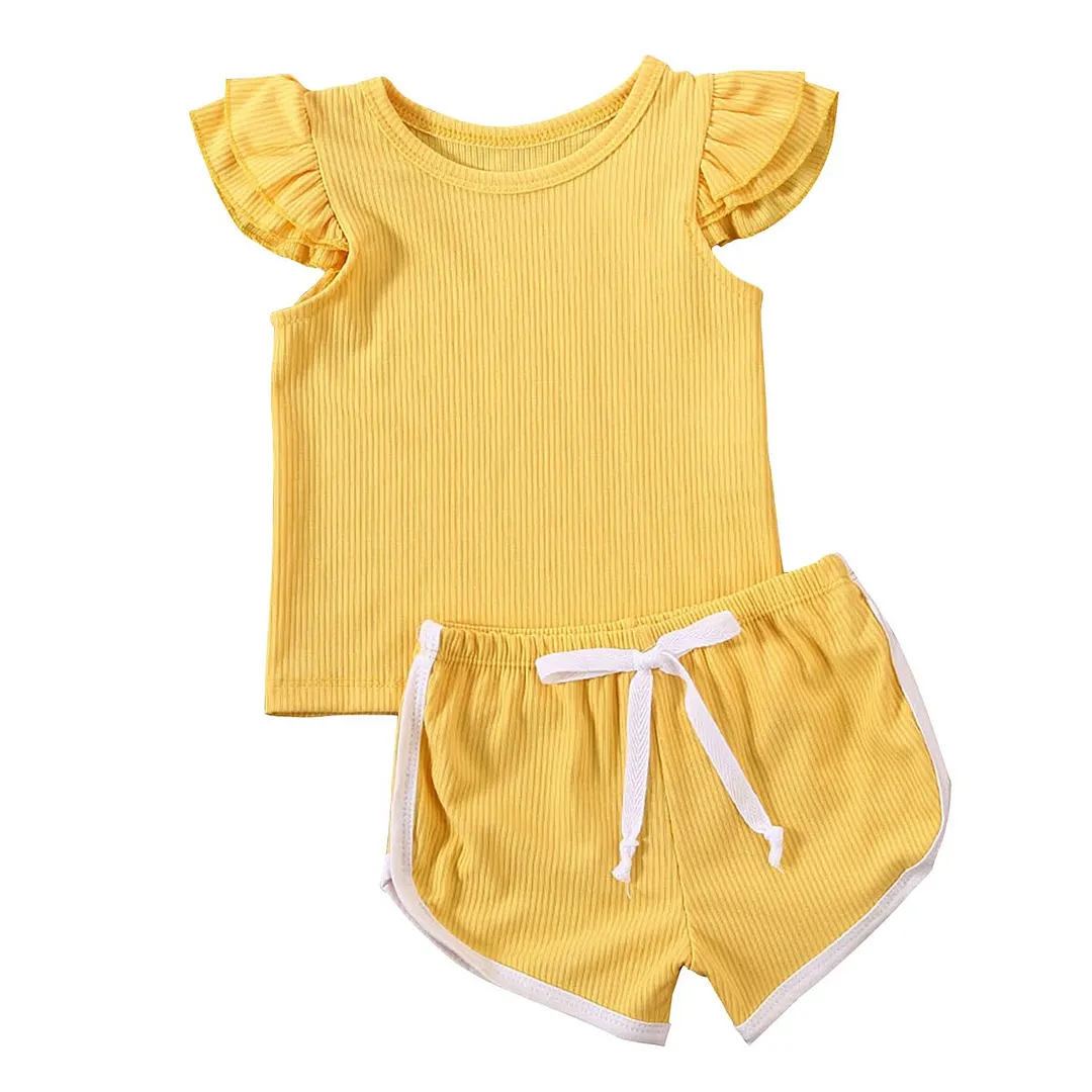 2020 Baby Summer Clothing 2PCS Newborn Kids Baby Girl Clothes Ruffled Sleeve Shirt Top Pants Shorts Kintted Ribbed Outfit Set