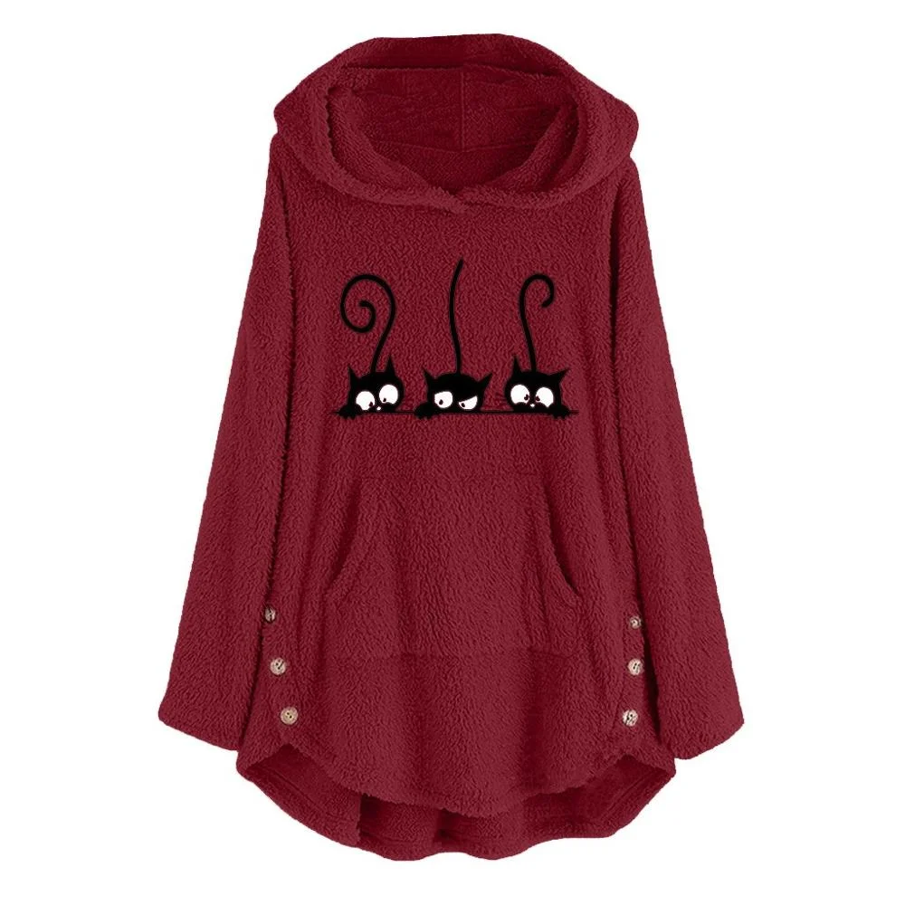 Oversize Hoodie Womens Fleece Teddy Hoodies Cat Print Warm Hooded Pullover Top Sweatshirts Jumper Women Hoodie Sweatshirt 2021