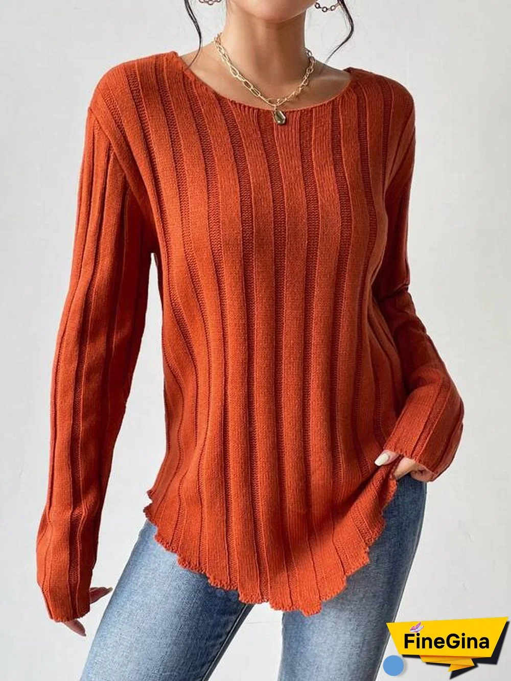 Orange Plain Long Sleeve Sweater