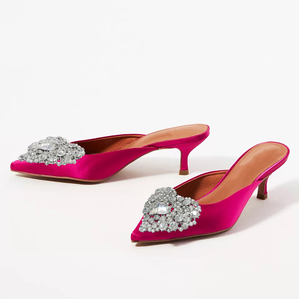 Pink Satin Closed Toe Stiletto Heel Mules with Rhinestone Heart Nicepairs