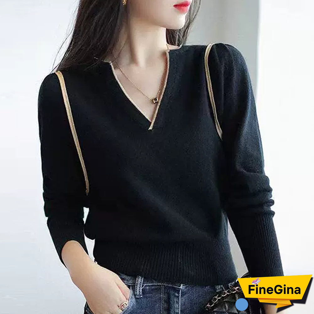 Black Print V-Neck Sweater