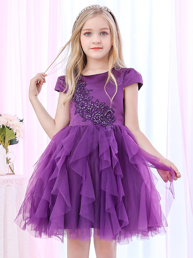 Dresseswow Princess Cap Sleeve Jewel Ball Gown Flower Girl Dress Satin Tulle With Beading Appliques