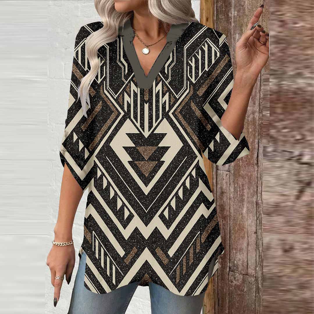 Women Western,  Black,  Geometric DZGA0421 3/4 Sleeve V-neck Printed Graphic Button Tops