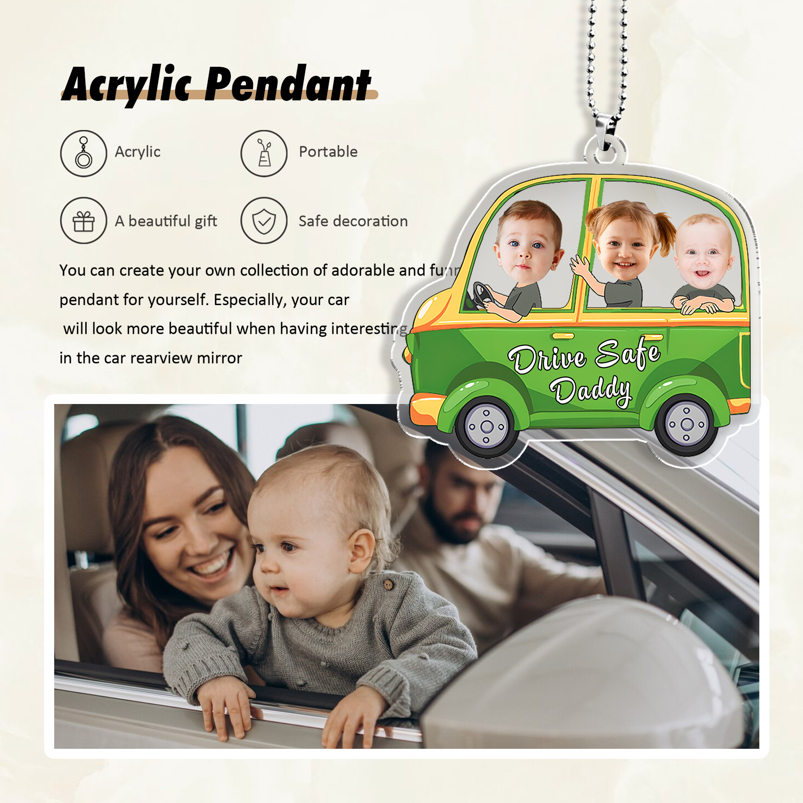 Personalised Green Car Acrylic Hanging Ornament Custom 3 Photos & 1 Text & 1 Name Keychain Pedant Gift for Family-Jessemade AU