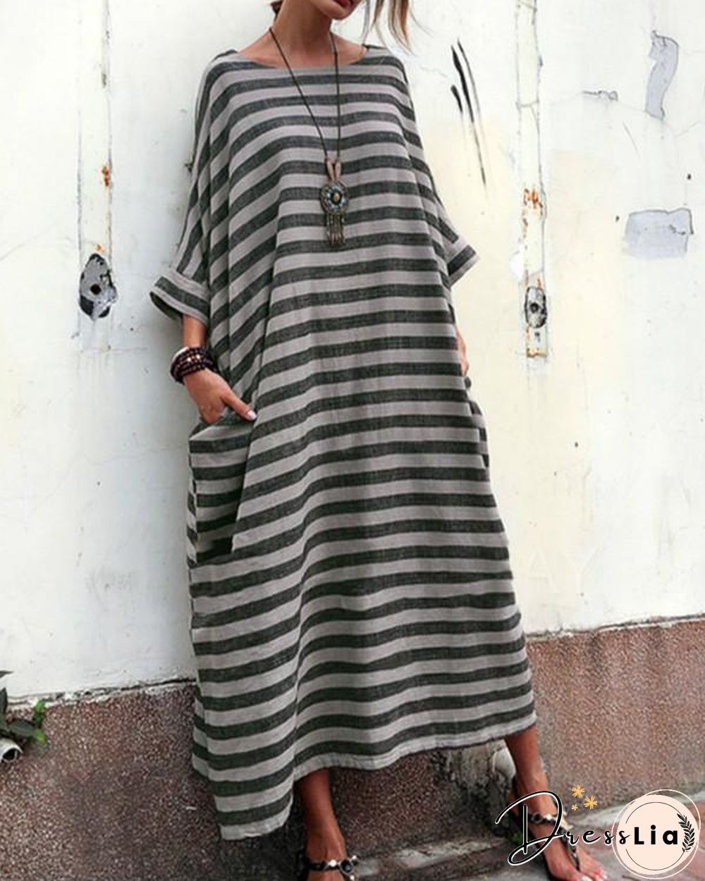 Women Casual Striped Linen Crew Neck Plus Size Dress