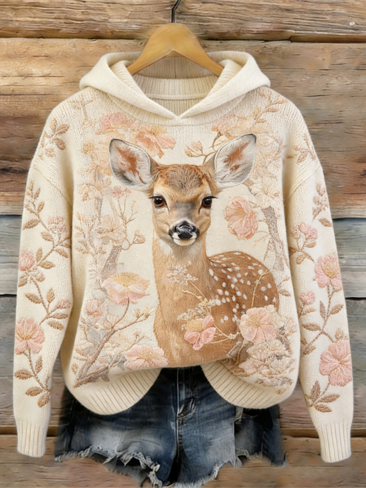 Forest Fawn & Floral Pattern Cozy Hooded Sweater wearshes
