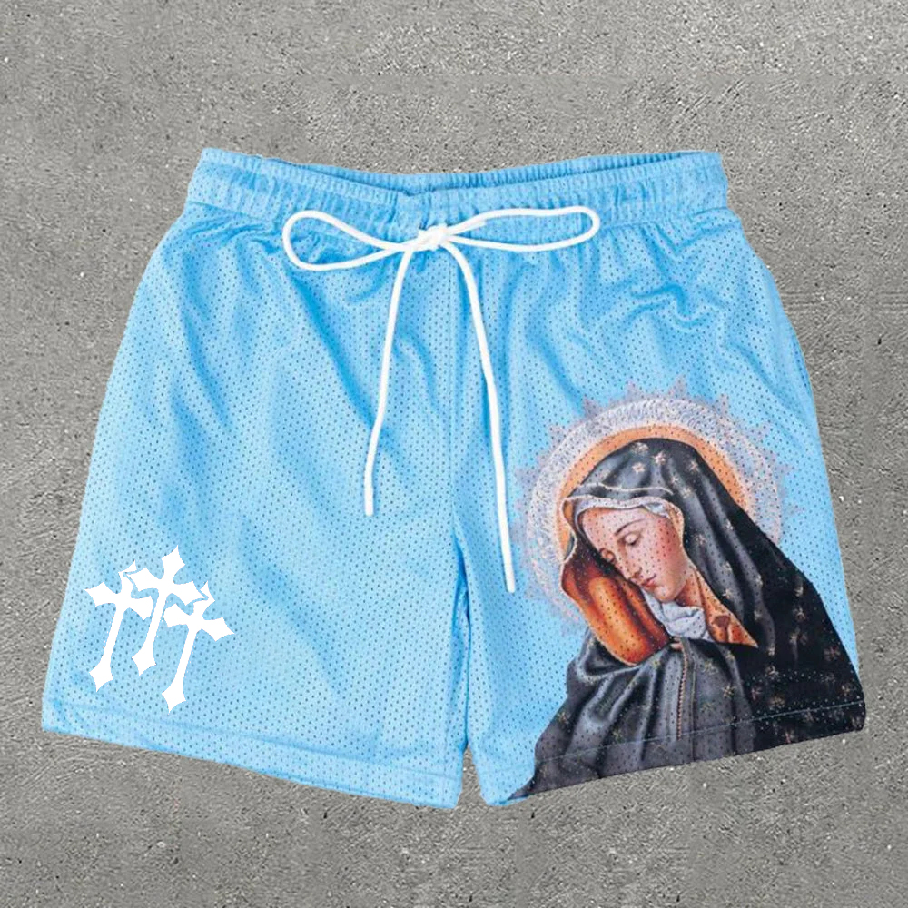 Sopula Mary Cross Blue Print Mesh Shorts - Sopula｜Premium Graphic Tees & Graphic Clothing