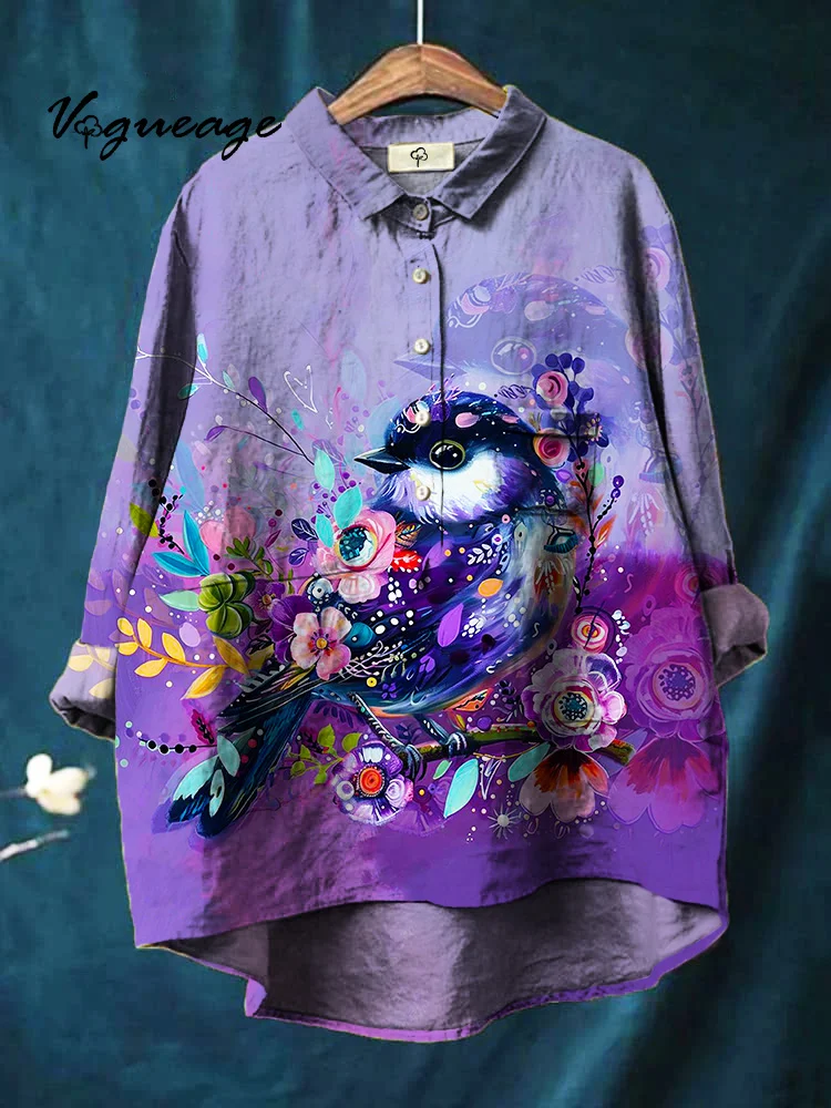 Gorgeous And Lively Birds And Flowers Printed Cotton And Linen Shirt