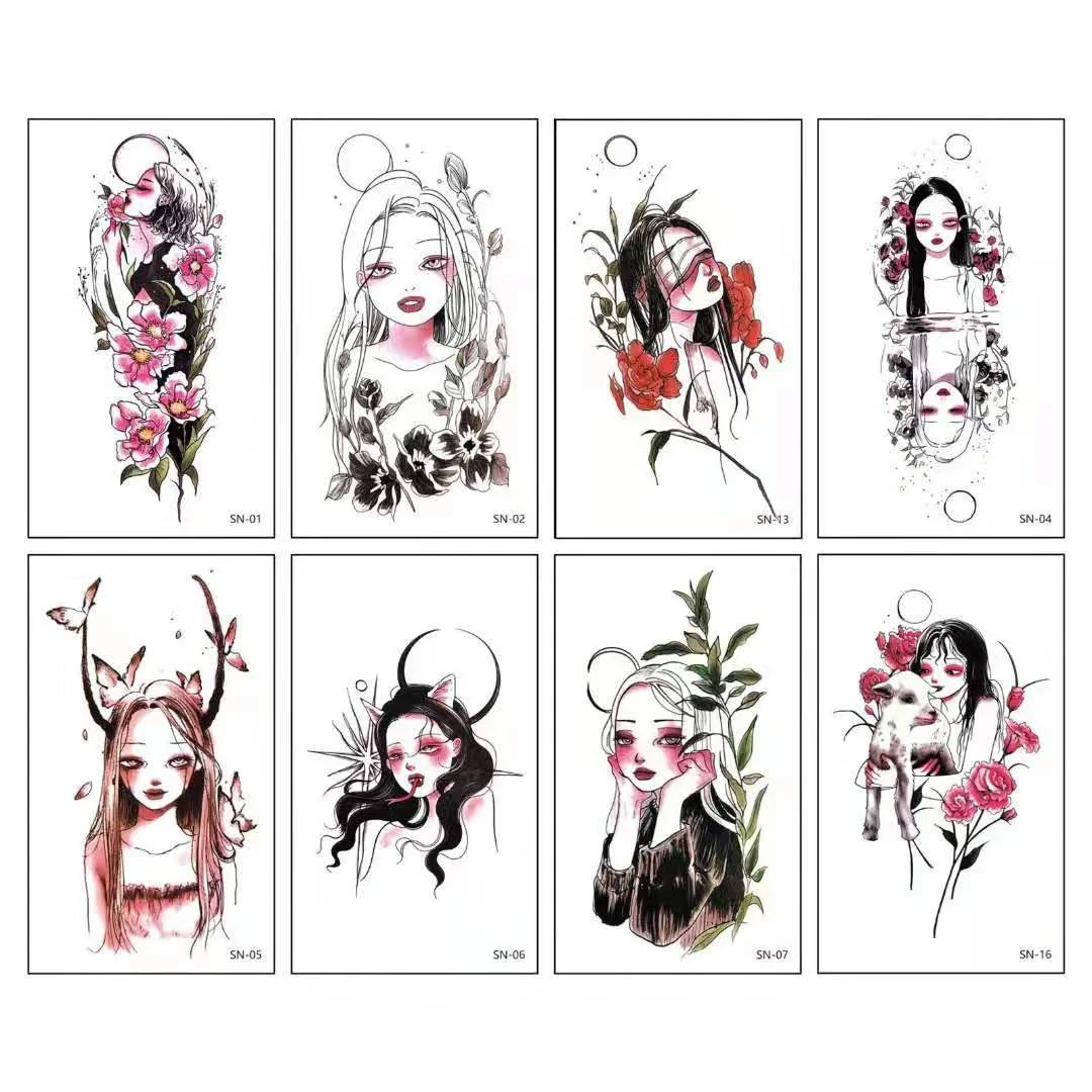 8pcs Temporary Tattoo Devil Mask Japanese Geisha Ukiyo-e Gril Body Art Water Transfer Fake Tatoo Flash Tatto Sticker Men Women