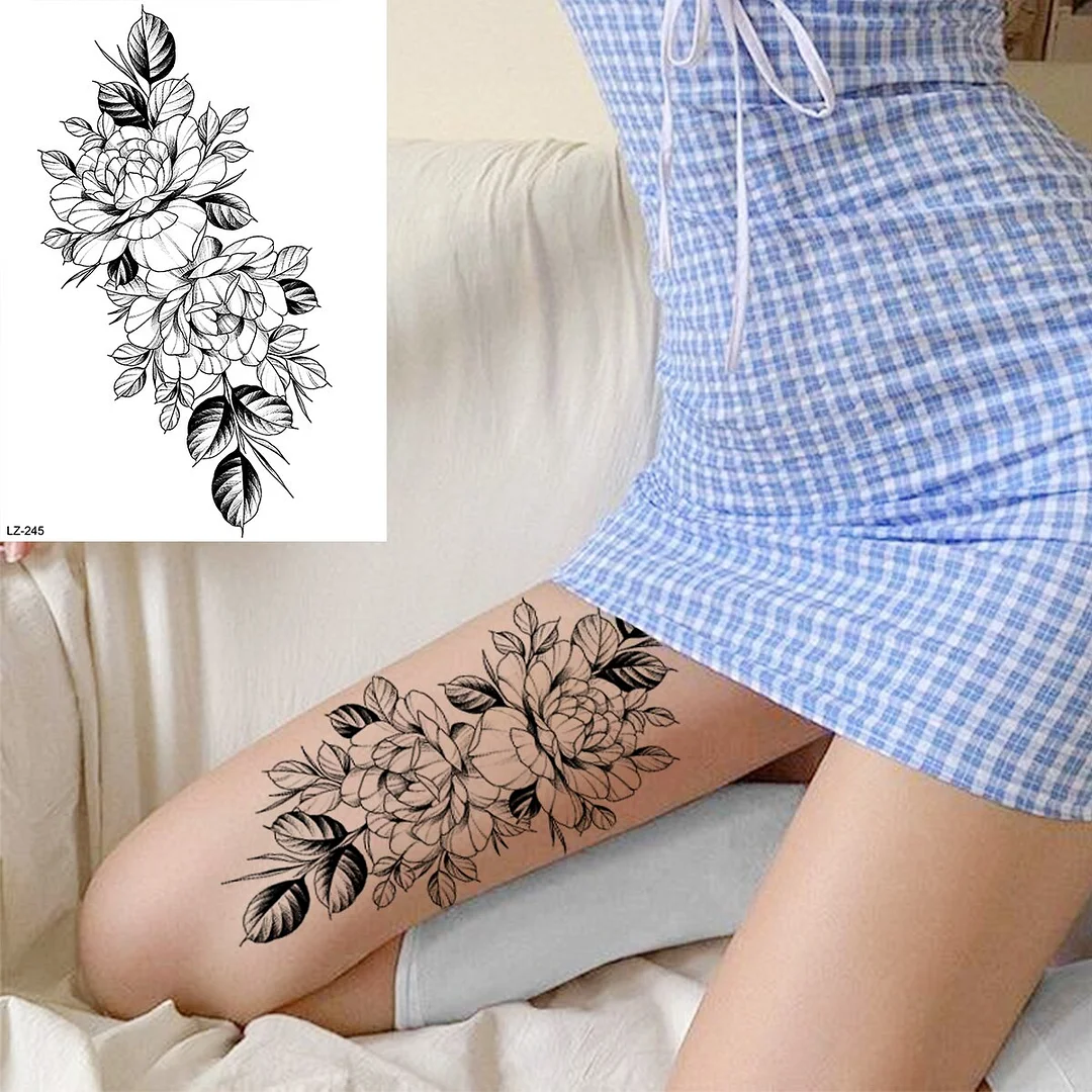 Sdrawing Rose Flower Moon Temporary Tattoos For Women Adult Pendant Peony Lotus Fake Tattoo Calf Thigh Body Art Waterproof Tatoos