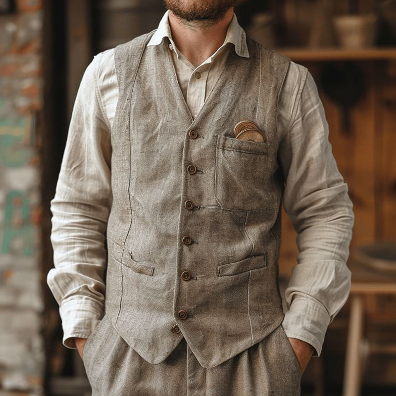 Men's Cotton And Linen Single-Breasted Sleeveless Vest