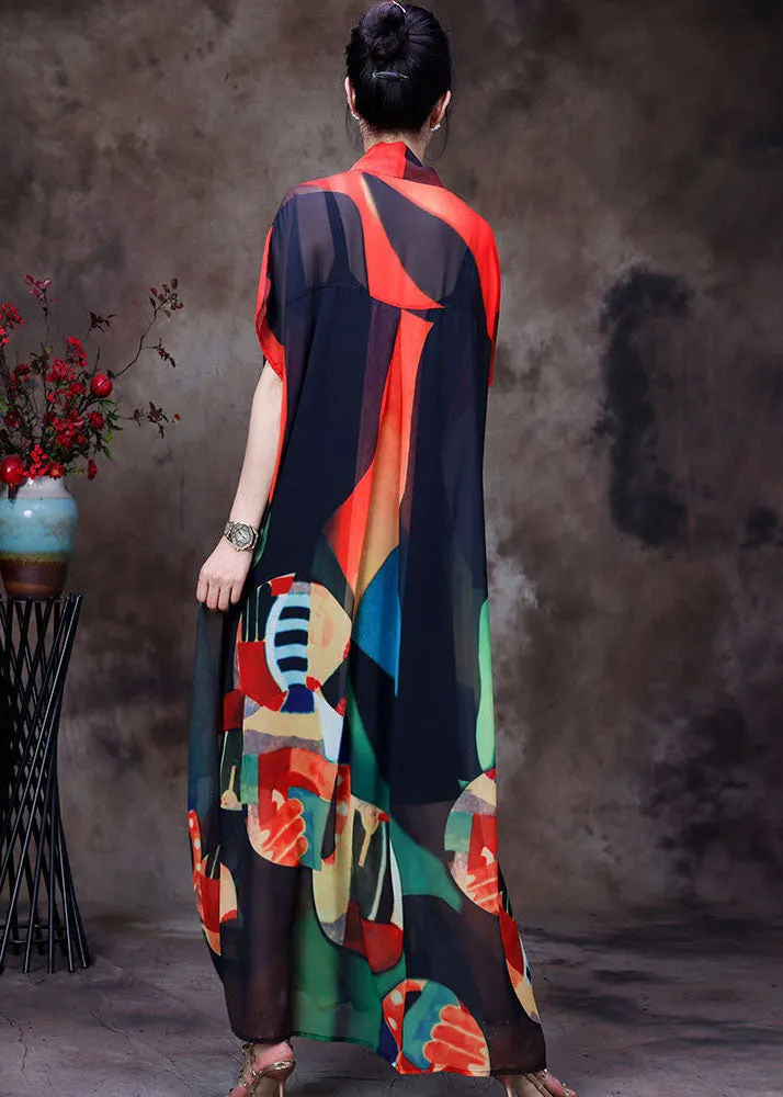 Plus Size Red Print Asymmetrical Design chiffon beach dress spaghetti strap two pieces set