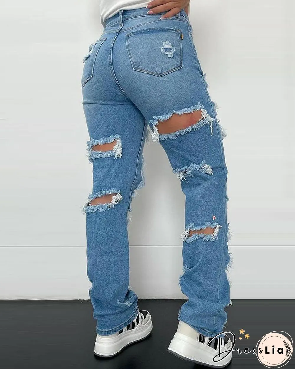 Ripped Cutout Fringe Hem Denim Pants