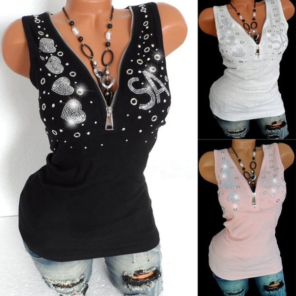 Women Fashion Sleeveless Vest Tops V-neck Zipper Printed Casual Tunic Tank Tops - Shop Trendy Women's Fashion | TeeYours