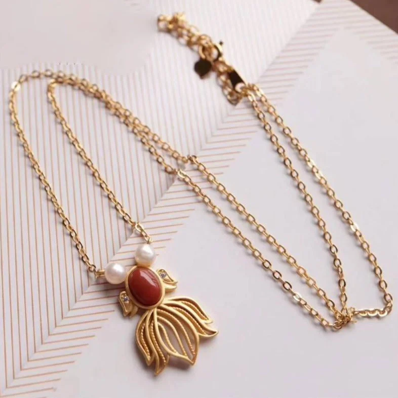 Cute Goldfish Red Agate Pearl Lucky Chain Necklace Earrings Set