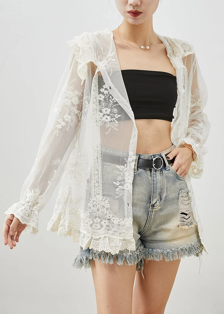 Women White Hooded Embroideried Patchwork Tulle UPF 50+ Coats Fall