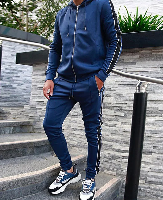 Contrast Side Seam Zip Drawstring Sports Hoodie & Sweatpants Set
