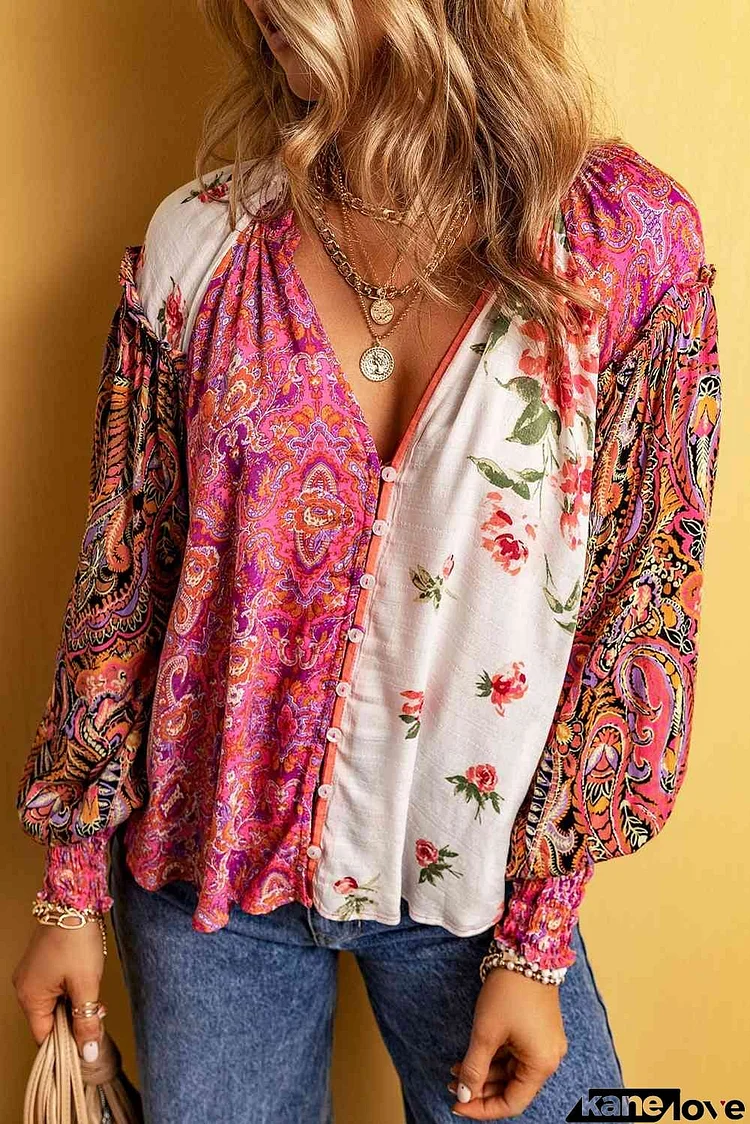 Multicolor Floral Notched Neck Lantern Sleeve Blouse