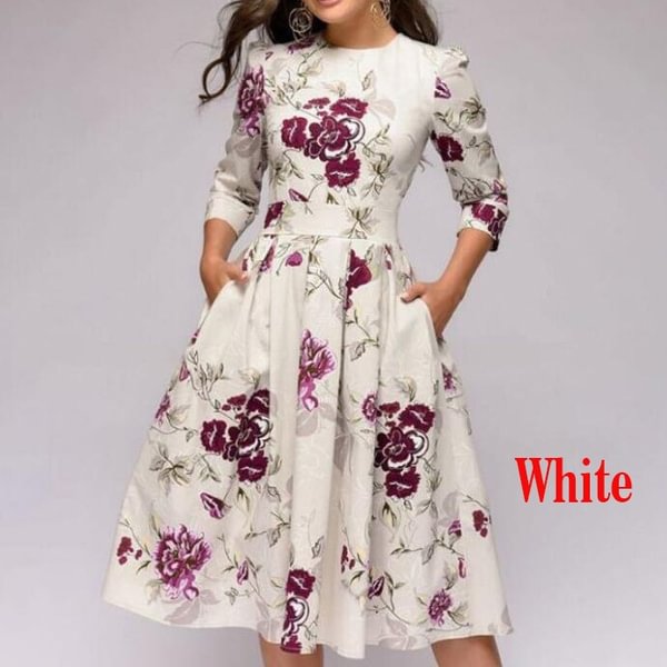 Vintage Floral Party Dress 3/4 Sleeve Fashion Women Swing Midi Dress - Chicaggo