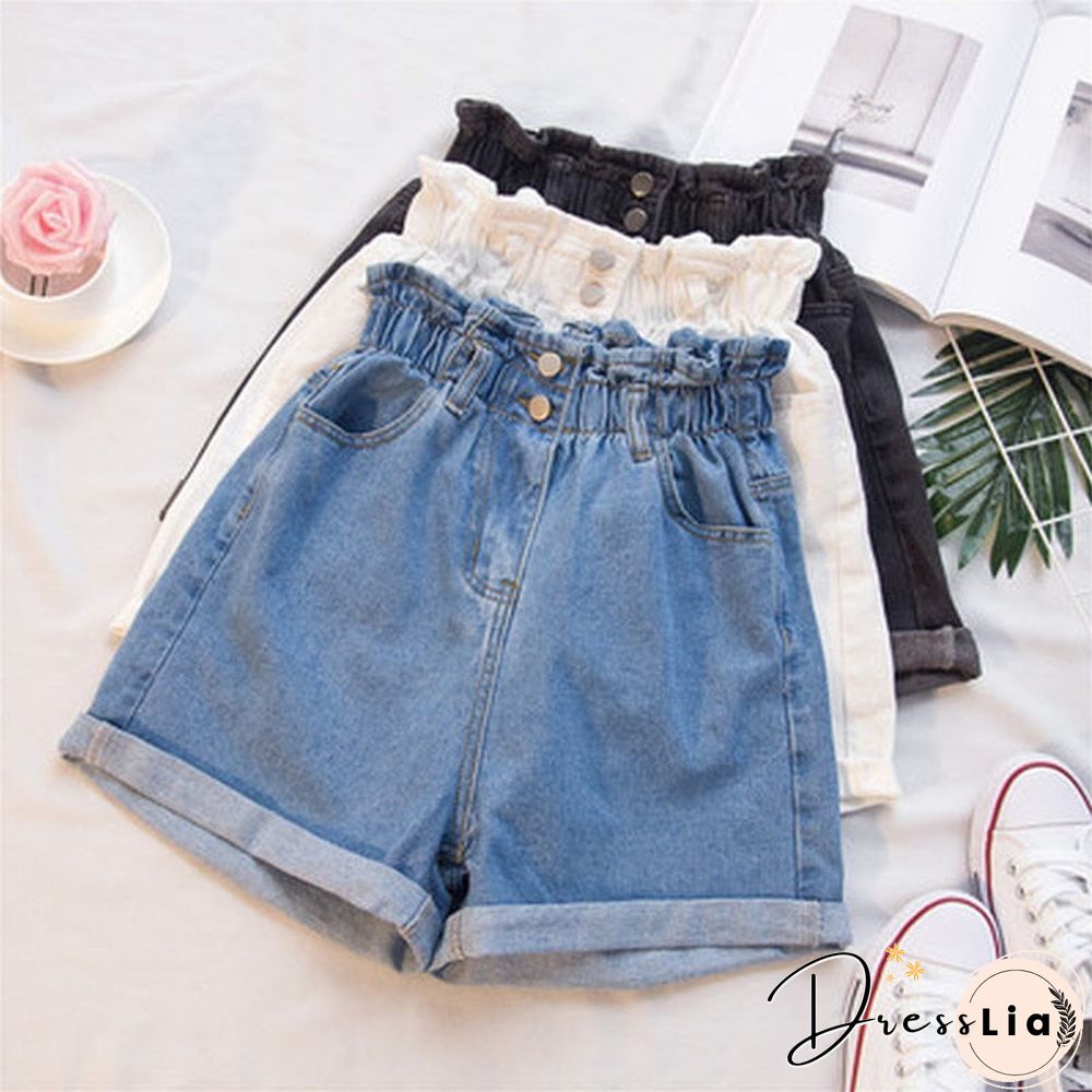 Plus Size Summer Black Women'S Denim Shorts Large Size 5Xl Harem Ruffle White High Waisted Shorts Elastic Waist Jeans For Women