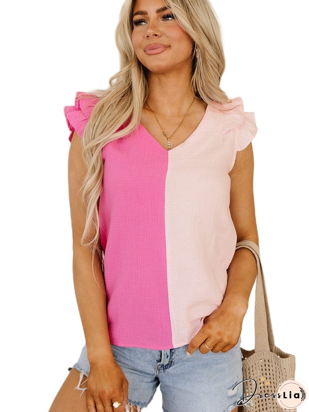 Pink Tiered Ruffle Sleeve Color Block Blouse