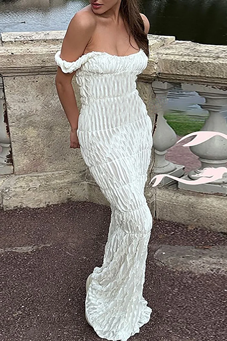 Ripped Textured Off Shoulder Slim Fit Solid Color Maxi Dresses-White