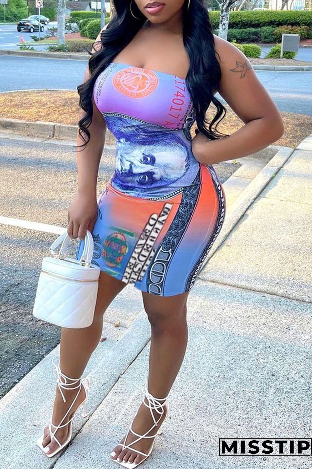 Orange Sexy Print Patchwork Strapless Sheath Dresses