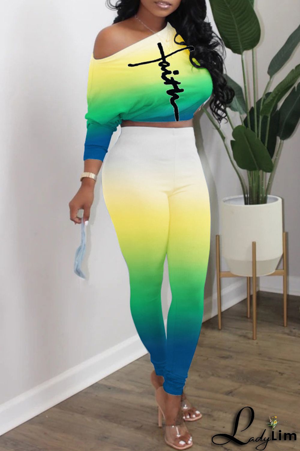 Purplish Blue Fashion Casual Gradual Change Print Basic Oblique Collar Long Sleeve Two Pieces