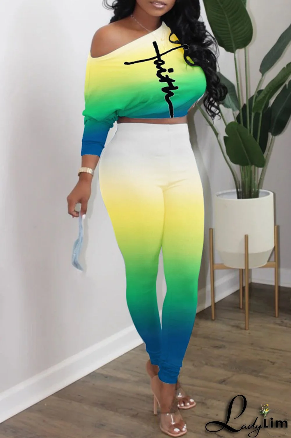 Purplish Blue Fashion Casual Gradual Change Print Basic Oblique Collar Long Sleeve Two Pieces