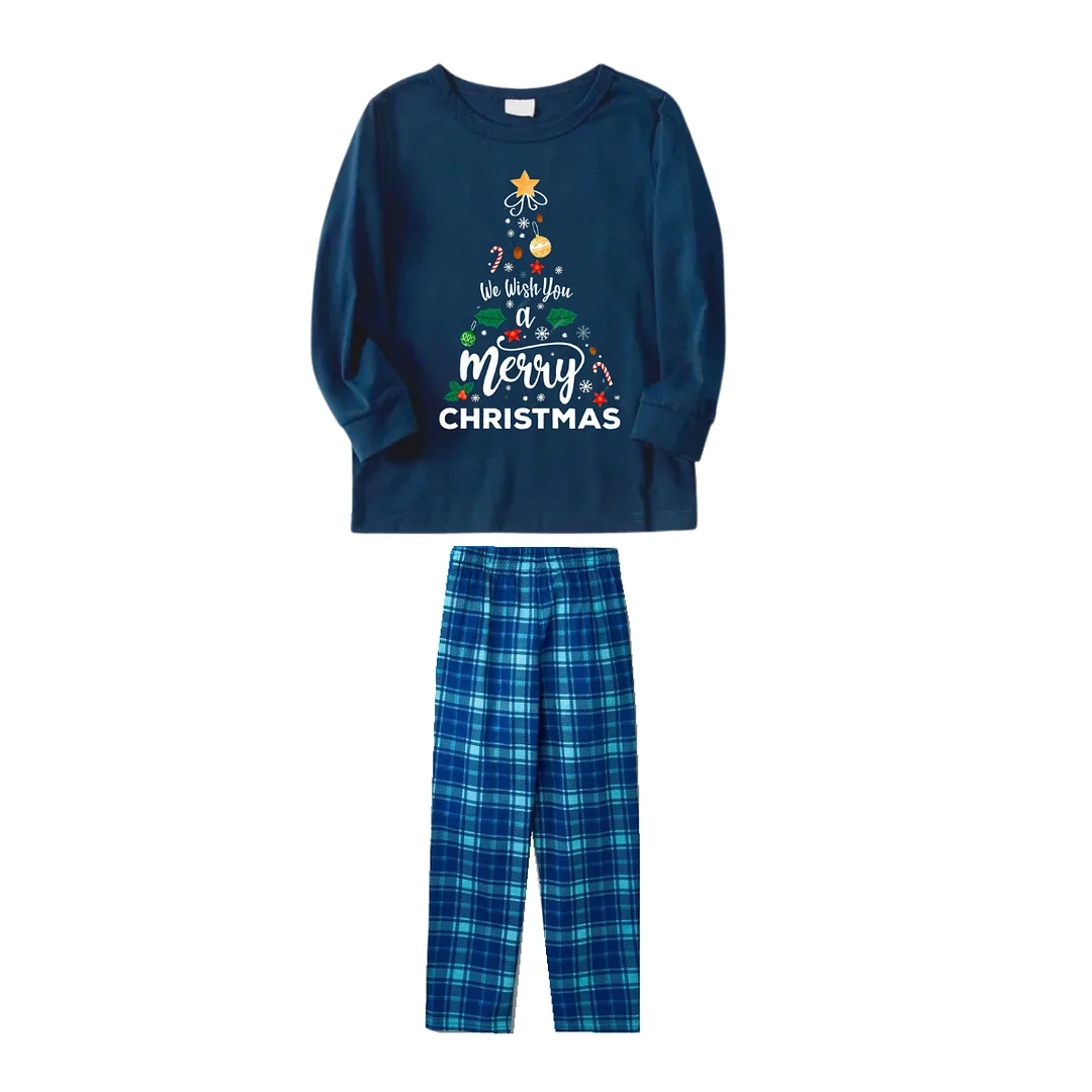 "We Wish You a Merry Christmas" Printed Blue Long Sleeve Top With Blue&Green Plaid Couple Matching Pajamas