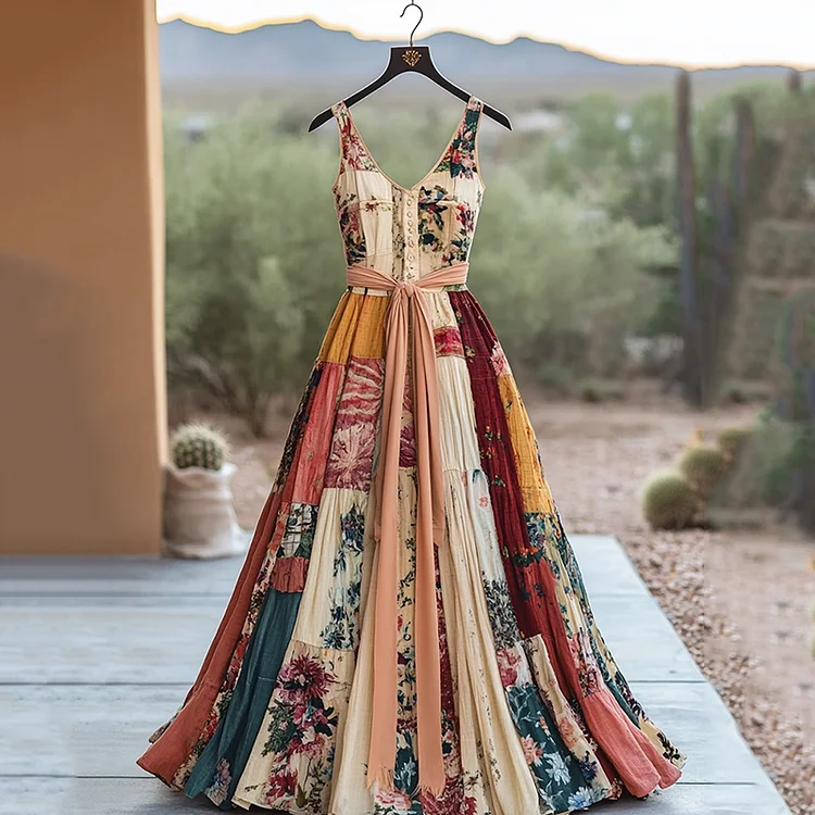 Vintage Floral Patchwork Art Pattern Art Linen Tank Midi Dress