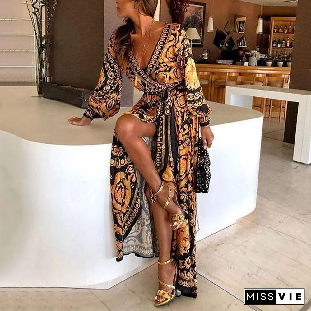 Women Sexy Deep V Neck Glitter Printed Evening Party Maxi Dress