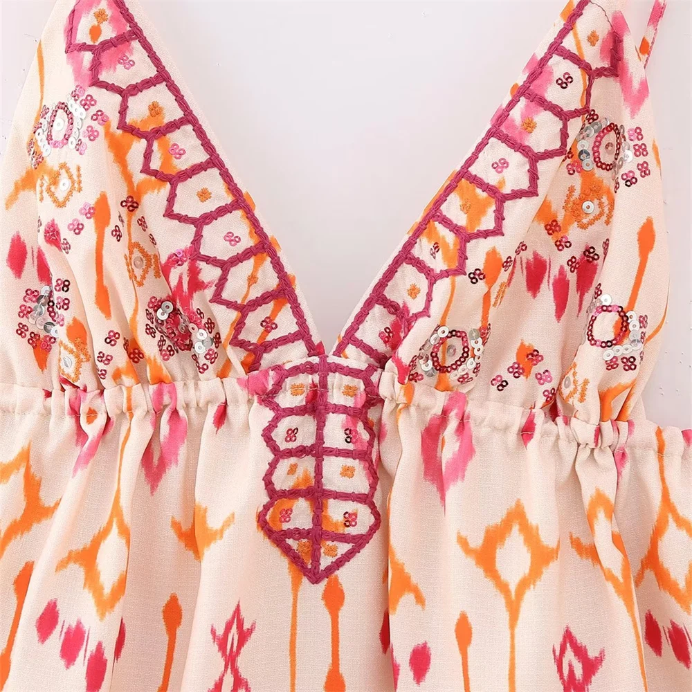 Women's Fashion Versatile Sexy V-Neck Sleeveless Embroidery Beaded Print Short Top