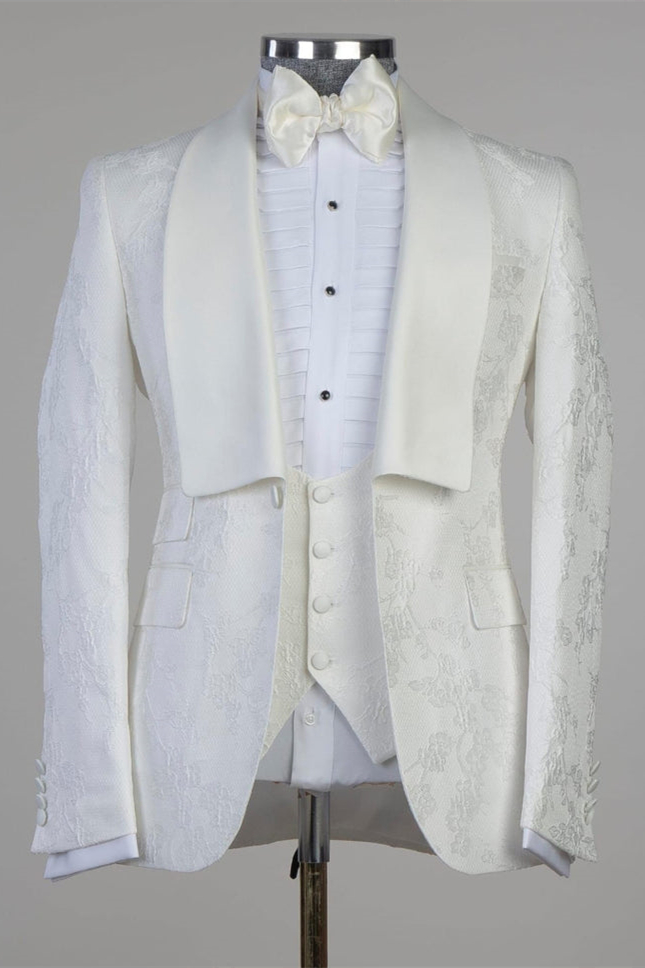 Shawl Lapel Enoch Chic Design White Jacquard Wedding Suits With One Button | Risias