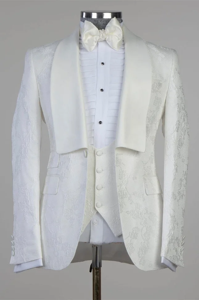 Bellasprom White Jacquard Shawl Lapel Wedding Suits with One Button