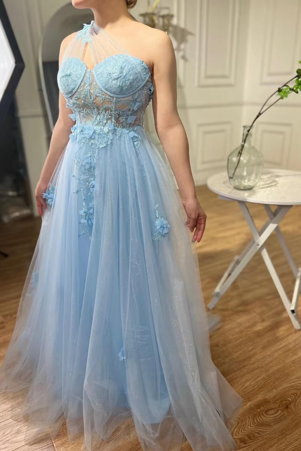 Bellasprom Sky Blue One Shoulder Sleeveless A-Line Prom Dress With Tulle Appliques Bellasprom