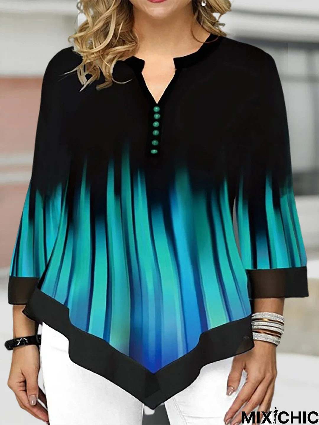 Plus Size Half Open Collar Loose Casual Abstract Top