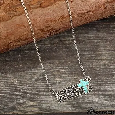 Artificial Turquoise Cross Bar Necklace