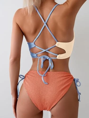 Women's Sexy Bikini Set Color Block Lace Up 2 Piece Bathing Suit Tie Side Swimsuit