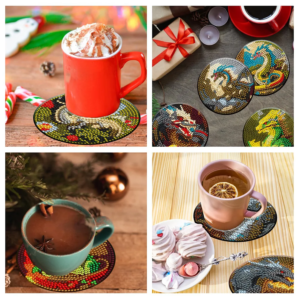 8pcs DIY Dragon Diamond Painting Wooden Coasters Kits for Adults Kids Beginner Gift Supplies