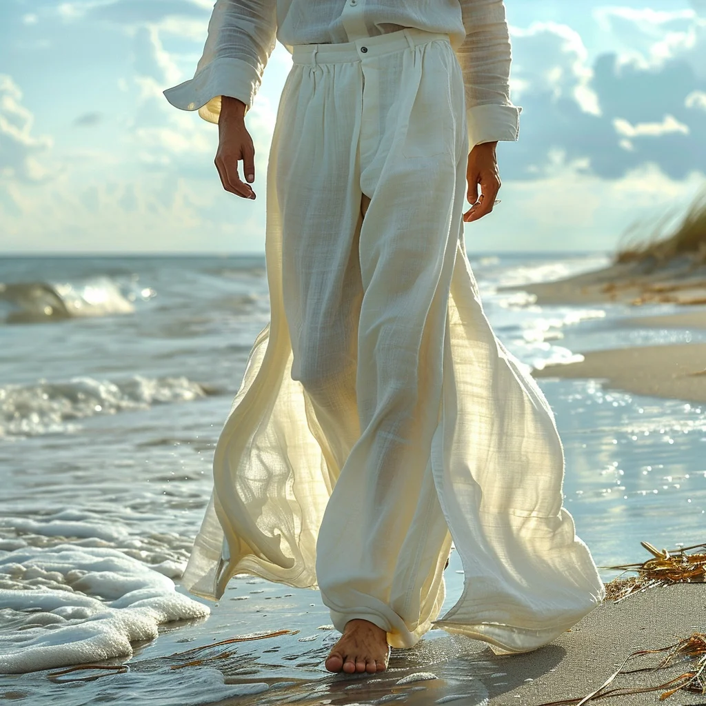 Men's Casual Retro Linen Trousers Holiday Seaside Ethnic Style Elegant Long Linen Trousers