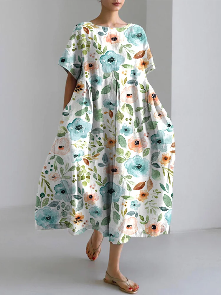 VChics Watercolor Flower Print Cotton Linen Dress