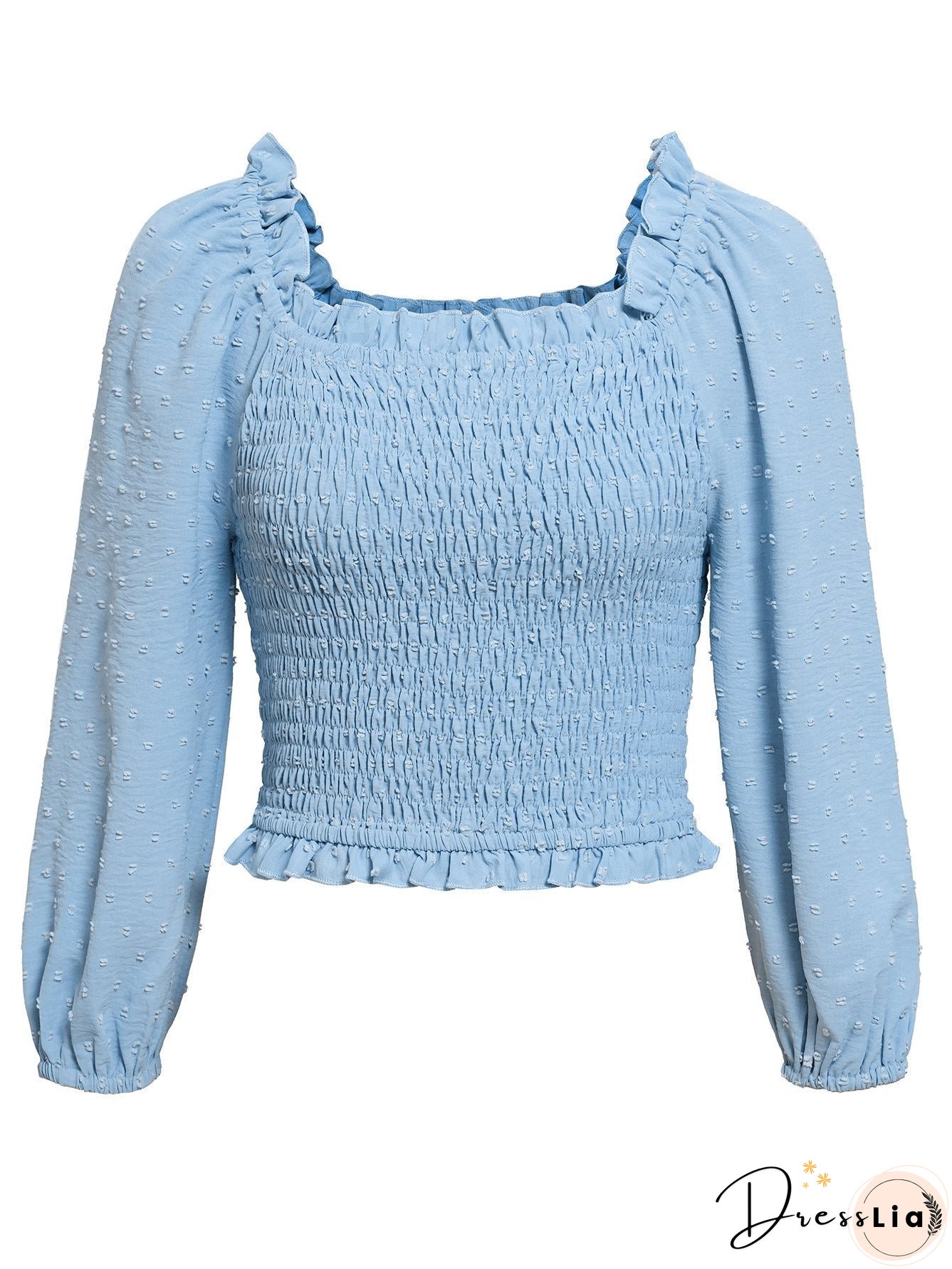 Swiss Dot Smocked Frill Trim Blouse