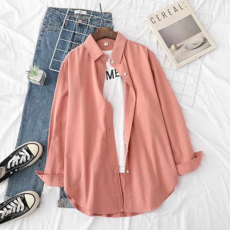 100% Cotton Shirts Womens Blouses Loose Lady Tops Solid Female Clothes Outwear News White BlueOversized