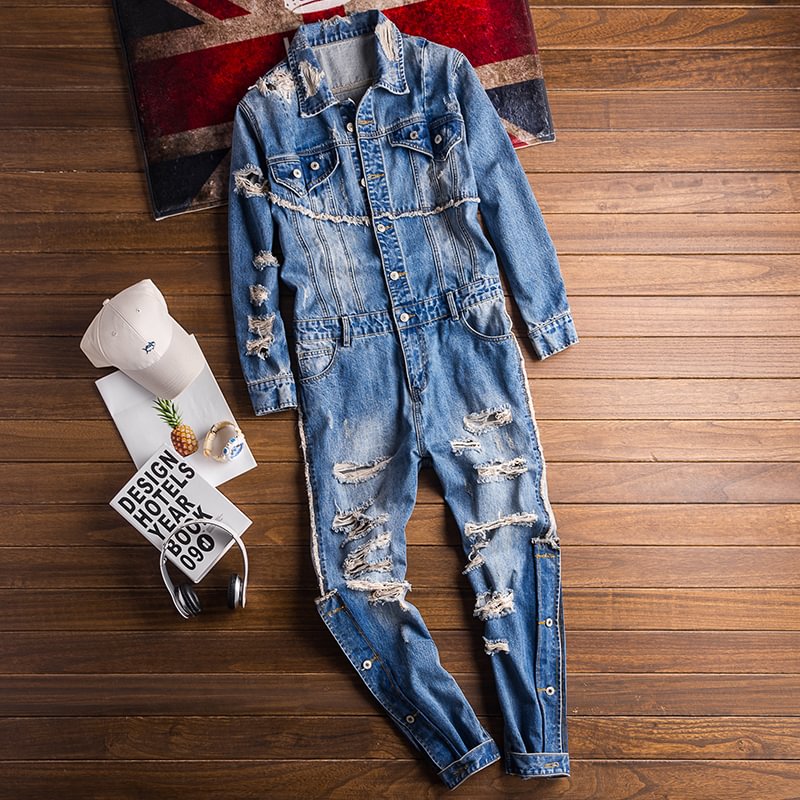 American Loose Denim Ripped Jumpsuit